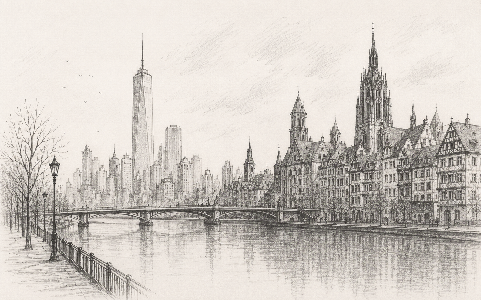 Hand-drawn pencil cityscape